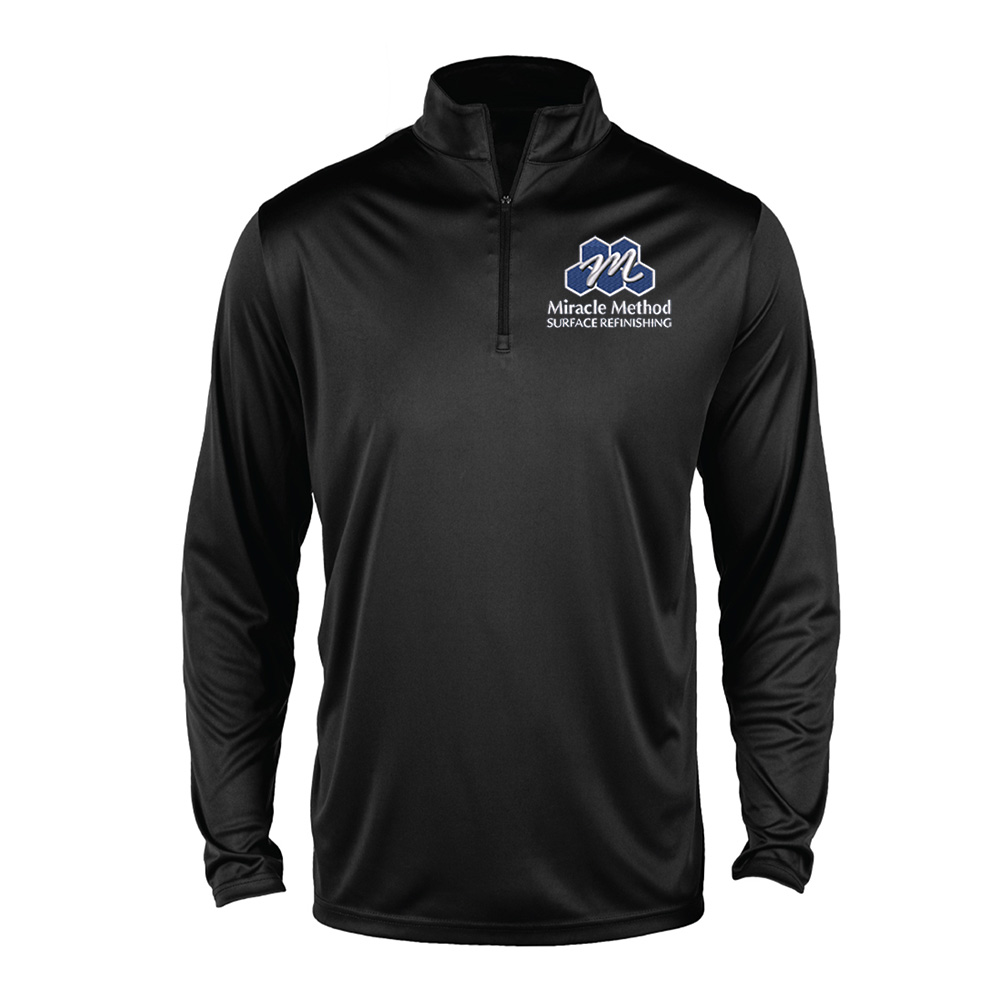 Front view of men's Miracle Method embroidered black pullover