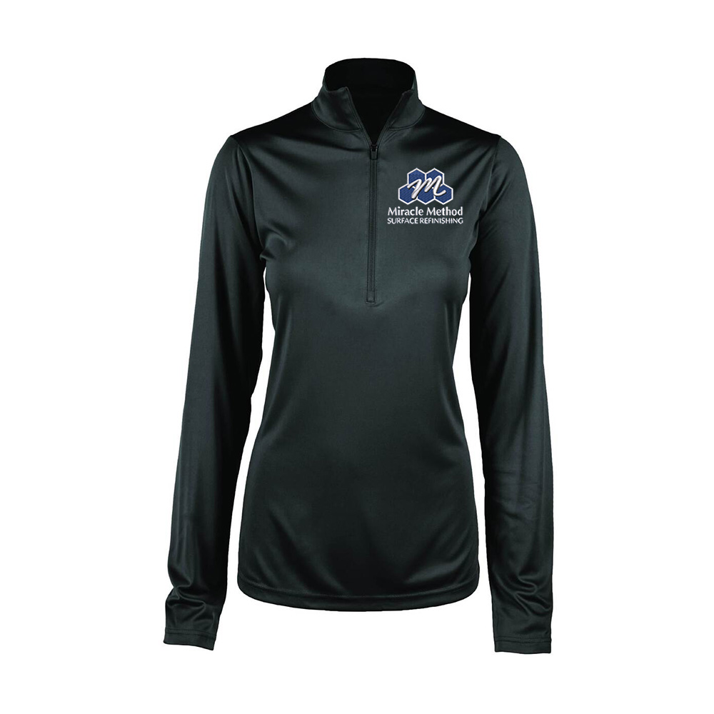 Front view of women's Miracle Method embroidered black pullover