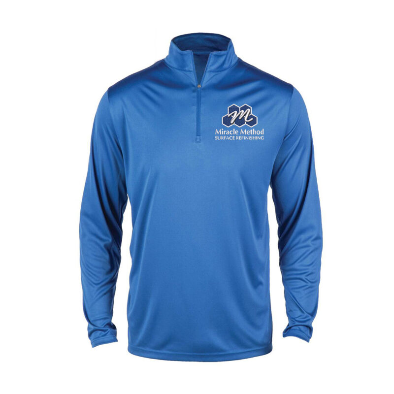 Front view of men's Miracle Method embroidered blue pullover