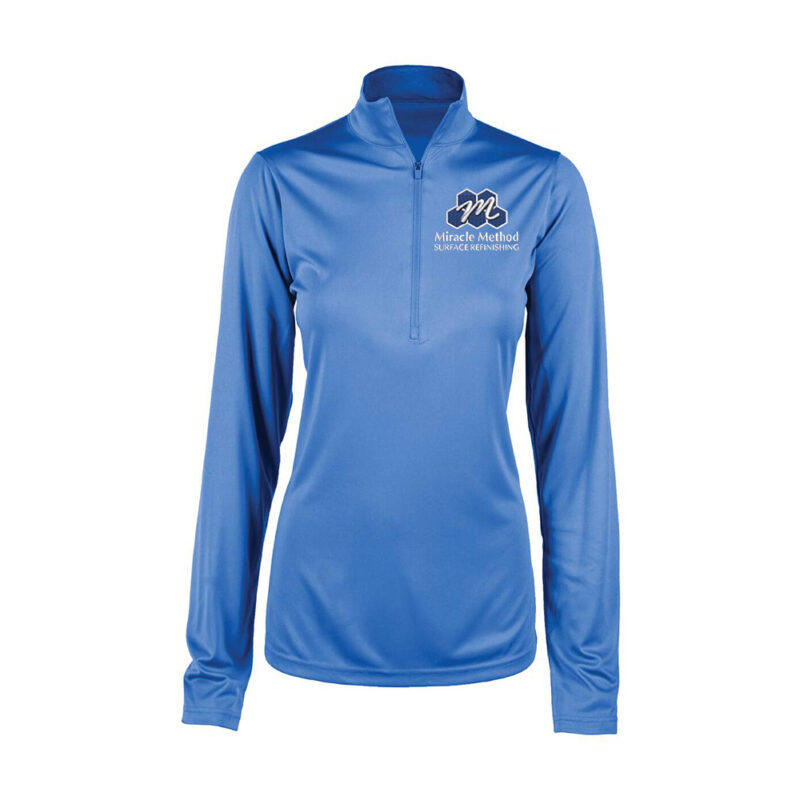 Front view of women's Miracle Method embroidered light blue pullover